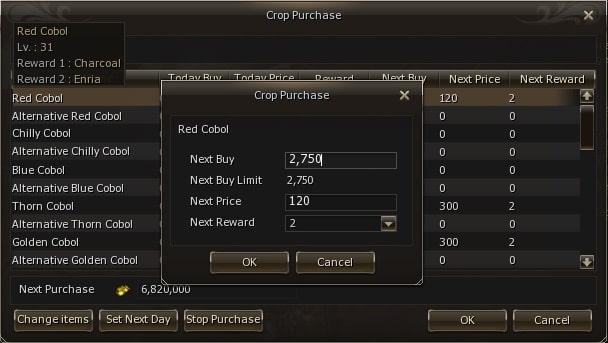 Buying price for manor crops