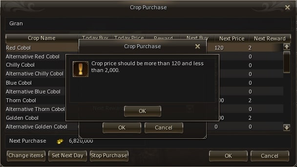 Buying price for manor crops